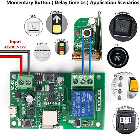 Wireless Jog Relay Momentary/Self-Locking Switch Module, DIY Smart Home Remote Control, WiFi Relay Switch