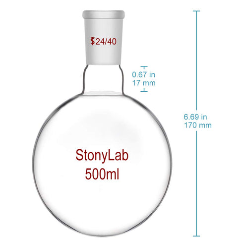 StonyLab 500 ml Short Neck Round Bottom Flask, Borosilicate Glass, 24/40 Joint