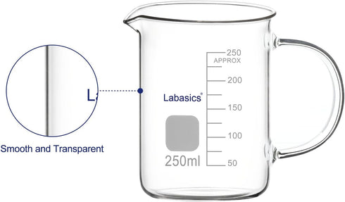 Glass Beaker, G3.3 Borosilicate Laboratory Grade Glass Graduated Beaker Transparent Measuring Beaker Cup Low Form Griffin Beaker with Handle and Spout, 250 ml