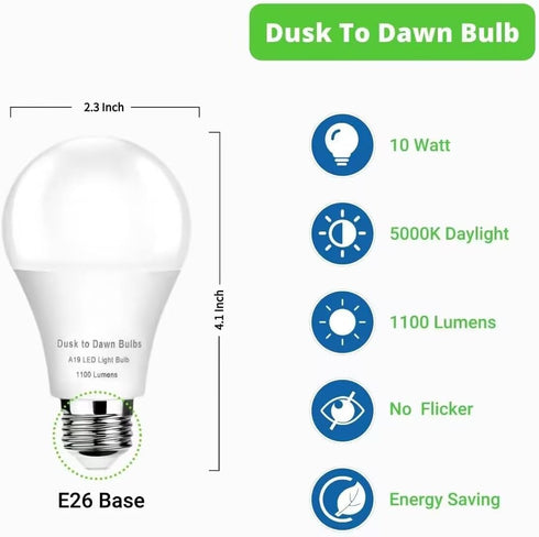SETEN 4-Pack 10W Bulbs, 75W, 4000K 1100LM, A19 Bulbs, E26 (Non-Dimmable) Dusk to Dawn LED Light Equivalent Cool White