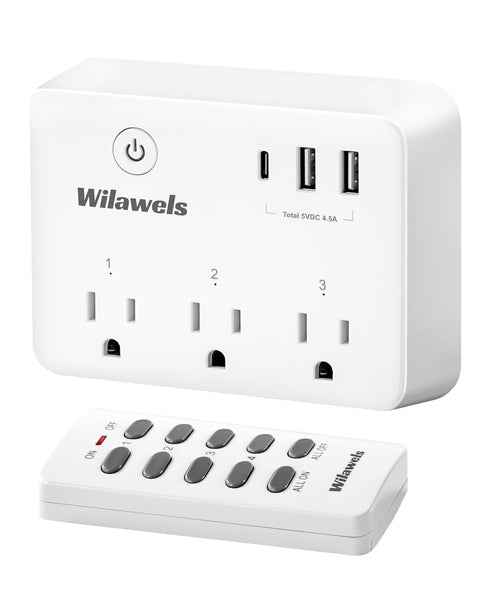 Wireless Remote Control Outlet, Multi-Plug Outlet with 3 Outlets and 3 USB Ports, 100FT RF Range, Programmable