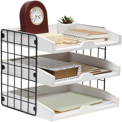 Elegant Designs HG1022-WWH Wood Desk Organizer, Home Office Mail Letter Tray with 3 Shelves, White Wash