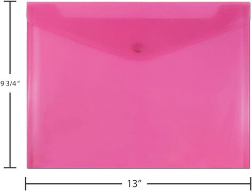 JAM PAPER Plastic Envelopes with Snap Closure, Letter Booklet, 9 3/4 x 13, Fuchsia Pink, 12/Pack