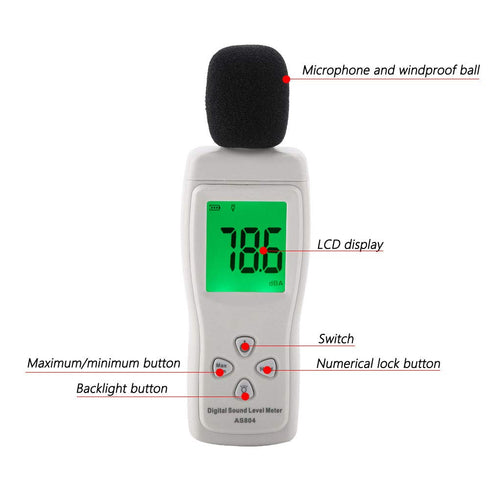 Digital Sound Level Meter, SMART SENSOR AS804, Testing Monitor 30-130dBA for Automotive Industrial Equipment Noise