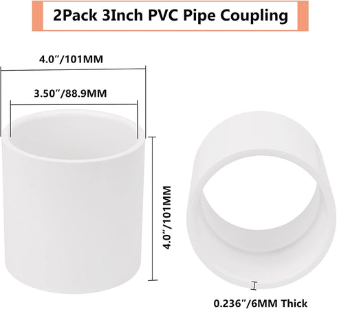 2Pack 3" PVC Pipe Coupling Adapter, Schedule 40 Heavy Duty Slip Socket Connectors for DIY Garden Support, White