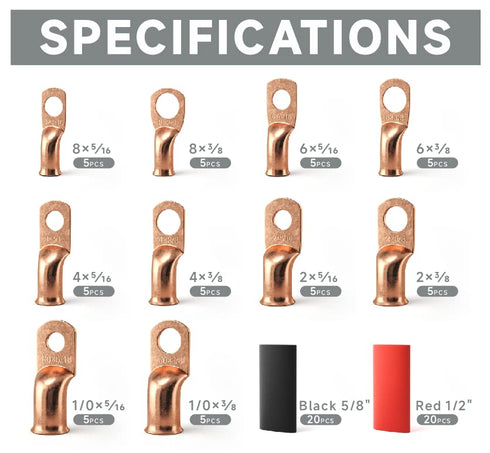 IWISS Copper Battery Lugs Assortment, 90PCS Cable Lugs for AWG 8, 6, 4, 2, 1/0 with Heat Shrink Tubes