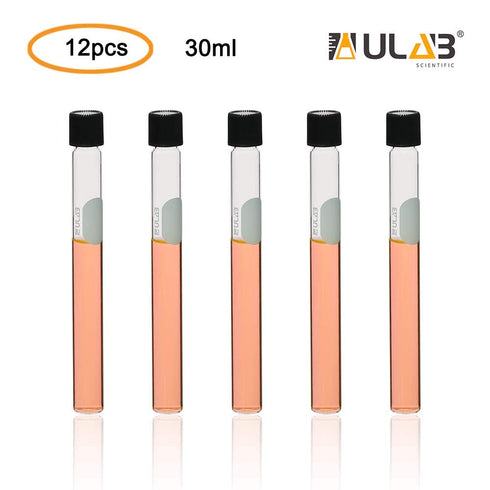 ULAB Test Tubes with Black Screw Caps, Vol.30ml, Dia.20x150mm with Marking Area, Test Tubes Shot Glasses, Borosilicate Glass Material, Pack of 12, UTT1014