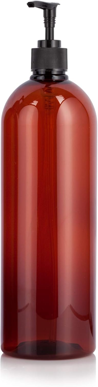 32 oz Amber Large Boston Round PET Plastic Bottles with Black Lotion Pump - 4 Pack + Labels