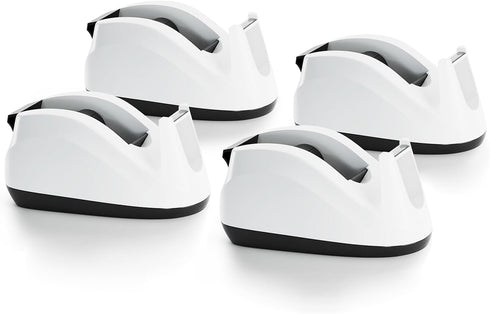 Heavy Base Nonskid Desk Tape Dispenser, One-Hand Dispensing, White, 4 Pack