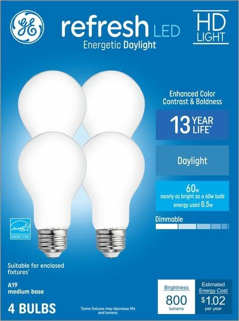 HD Daylight 60W Replacement LED Indoor General Purpose A19 Light Bulbs (4-Pack) by GE Refresh