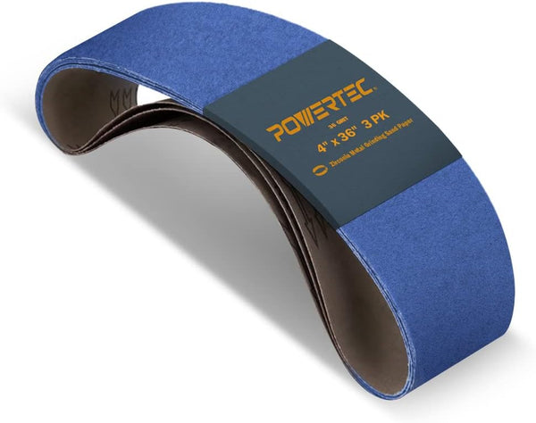 POWERTEC 4 x 36 Inch Zirconia Sanding Belts, 36 Grit for Bench Sander, Woodworking, Metal Grinding, 3PK