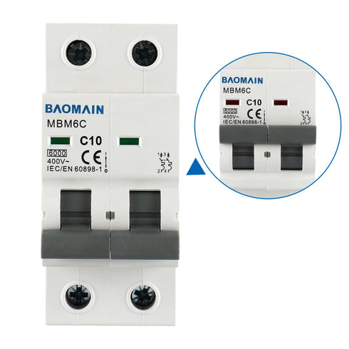 Baomain Miniature Circuit Breaker DZ47-63 C10 AC 230V 400V 10Amp 2 Pole DIN Rail Mounting