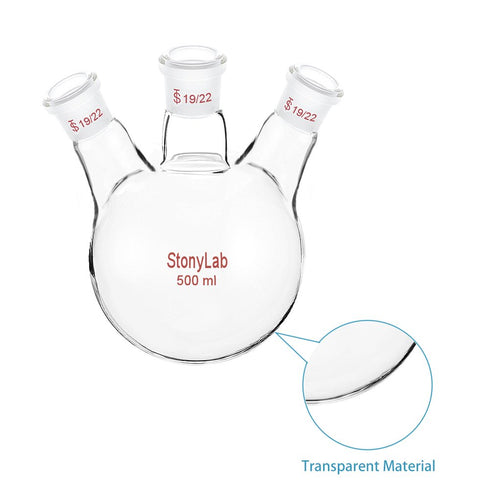stonylab Glass 500 mL Heavy Wall 3 Neck Round Bottom Flask RBF, 19/22 Center and Side Standard Taper Joint
