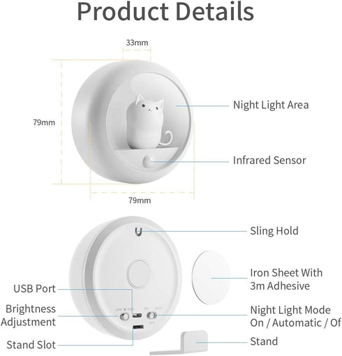 Melaus Closet 2 Levels.1- Pack Motion Sensor Night Light,Warm White USB Rechargeable Bedside Light,Magnetic Cat Lamp