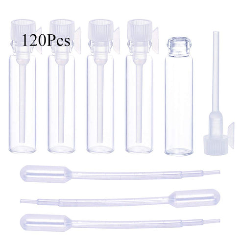 120Pcs 1Ml Mini Cute Empty Glass Perfume Vials – Essential Oils Sample Vials with White Plastic Rod Caps