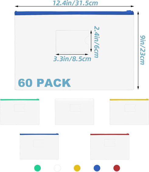 CertBuy 60 Pcs Poly Zip Envelopes, A4 Letter Size Plastic Zipper Folders, Clear with Label Pocket for Storage