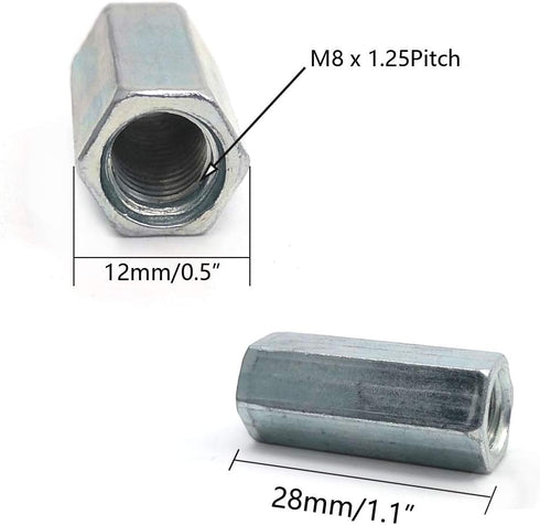 M8 x 1.25-Pitch Long Rod Metric Hex Coupling Nut, 28mm Length, 10 Pack, Zinc Plated
