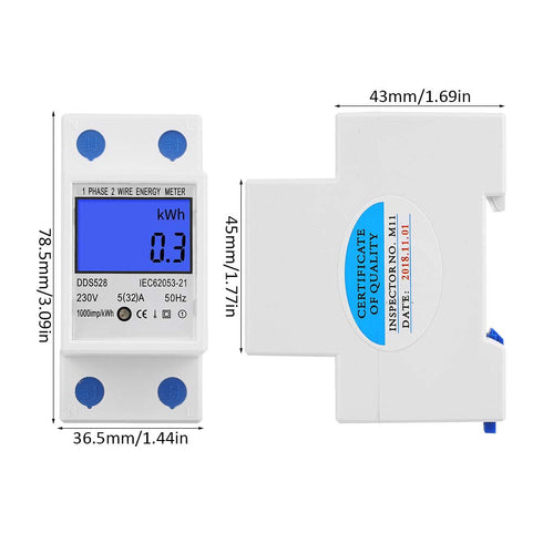 Single Phase Energy Meter 230VAC LCD KWH Electric Meter 5-32A 50Hz Single Phase DIN Rail KWH Meter Electricity Usage Meter Electricity Usage Monitor Power Meter