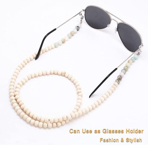 C&L Accessories Lanyards for ID Badges, Beaded Wooden Natural Stone Lanyard for Keys and Eyeglasses Chains (Amazonite