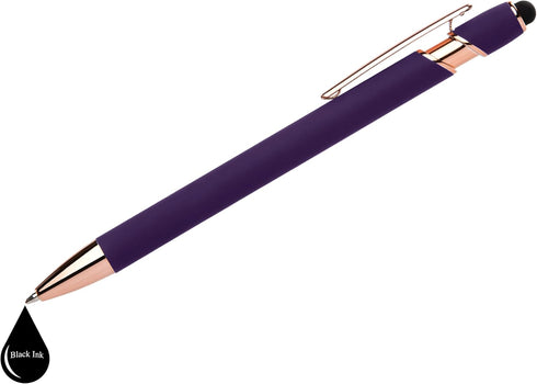 Rose Gold Rubberized Soft Touch Ballpoint Pen with Stylus Tip, Premium Metal, Black Ink, Medium Point (Purple, 7 Pack)