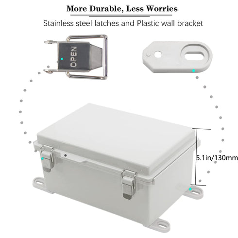 Zulkit Junction Box, IP67 Waterproof Electrical Box with Hinged Cover, Stainless Steel Buckle, Grey Plastic Enclosure