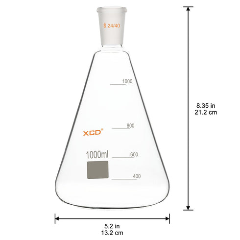 XCD Erlenmeyer Flask, Heavy Wall Borosilicate Glass Erlenmeyer Flask with 24/40 Standard Taper Outer Joint, 1000 ml