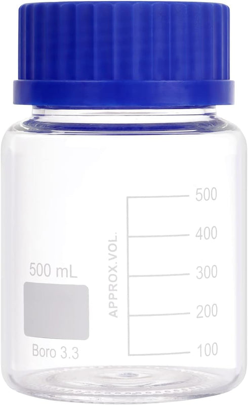 2 Pack 500ml Borosilicate Glass Wide Mouth Graduated Round Reagent Media Storage Lab Bottles with GL80 Blue Screw Cap