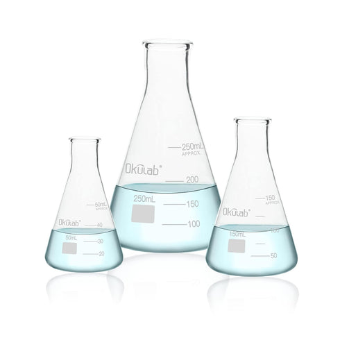 Glass Erlenmeyer Flask Set, Conical Flask Set, Includes Vol. 50, 150, 250ml, Borosilicate Glass 3.3 with Printed