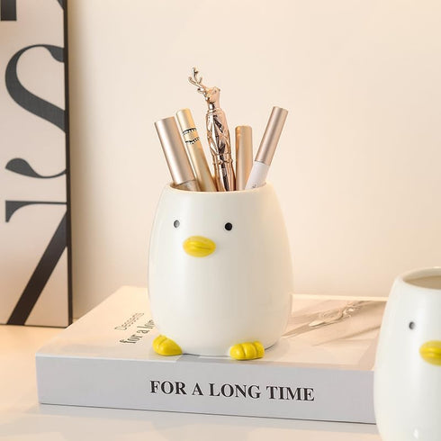 Ceramic Round Pen Holder - Cute Cartoon Animal Stand, Desk Organizer (Gray White)