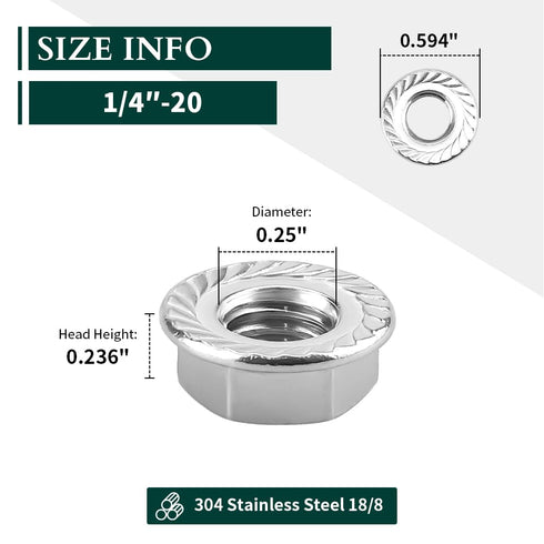 1/4-20 Serrated Flange Hex Lock Nuts - 304 Stainless Steel 18-8 Anti-Loose Nuts for Machinery, Automotive, DIY, 50 PCS