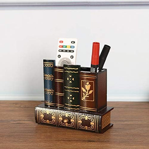 Decorative Desk Organizer Caddy, Antique Library Books Design, Pencil and Pen Holder with Bottom Storage Drawer
