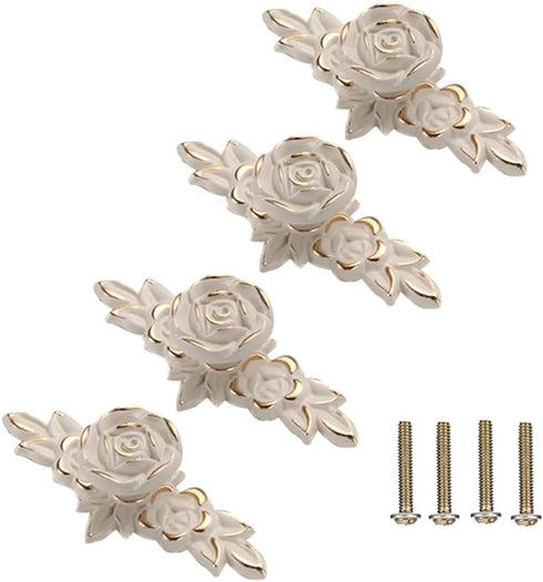Hlsicnalm 4 Pcs Flower Drawer Pull Handles Rose Knob with Plate for Dresser