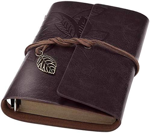 Retro Leaves PU Leather Cover Loose Leaf Blank Writing Journal, Coffee, A7 (5 inch) Diary Gift