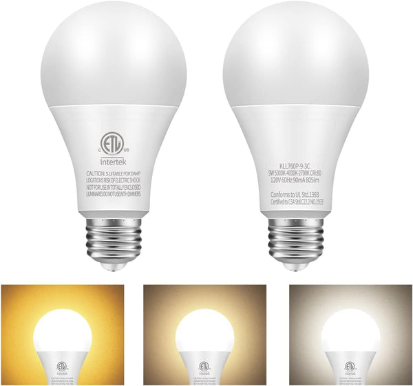A19 3-Color LED Light Bulbs, 9W (60 Watt Equivalent), Soft Warm, Warm White, Daylight, 2 Pack
