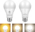 A19 3-Color LED Light Bulbs, 9W (60 Watt Equivalent), Soft Warm, Warm White, Daylight, 2 Pack