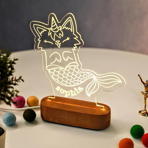 Personalized LED Night Light Custom Engraved Kawaii Animal Mermaid Lamp with Name Cute Unicorn Cat & Fox Light Kids