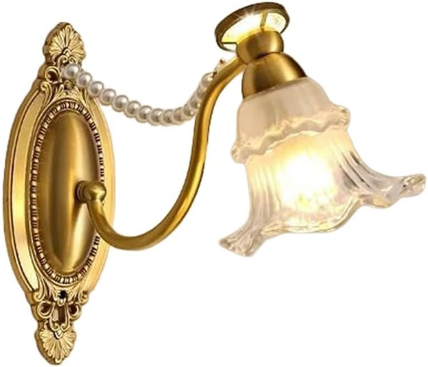 Generic European Vintage Brass Wall Sconce, Romantic Floral Glass Shade with Faux Pearl