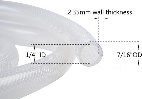 1/4" ID x 7/16" OD - 25 Ft High Pressure Braided Clear PVC Vinyl Tubing Flexible Vinyl Tube, Heavy Duty Reinforced Vinyl Hose Tubing, BPA Free and Non Toxic