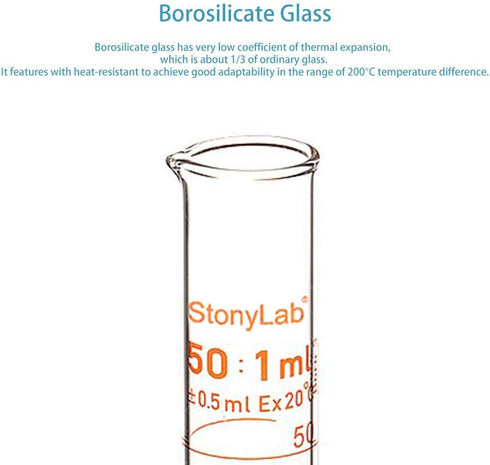 StonyLab 4-Pack Borosilicate Glass 50ml Graduated Measuring Cylinder, Heavy Wall