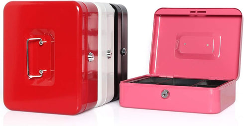 Cash Box with Money Tray, Large Money Box with Key Lock, 9.8 x 7.9 x 3.5 inches, Pink