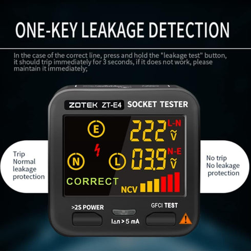 ZT-E4 Outlet Tester with LCD Color Screen: 3-Wire AC 120V Circuit Breaker Finder Tool