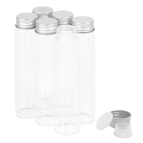 40ml Glass Clear Test Tubes, 6PCS with Screw Caps and Plastic Stoppers, Leak-Proof Flat Test Tubes