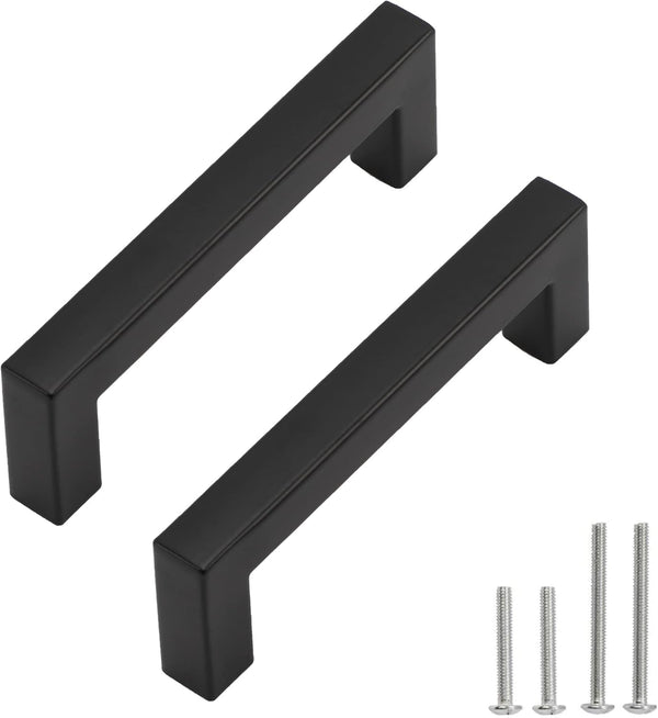 Matte Black Cabinet Pulls, Square Drawer Handles, 5 Pack 3-3/4 Inch Stainless Steel Kitchen Hardware, 96mm Hole Centers