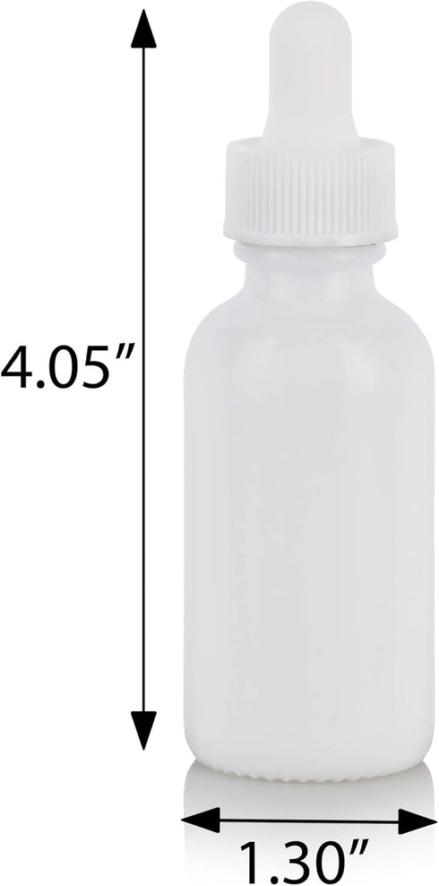 JUVITUS 1 oz Opal White Glass Boston Round Bottle with White Dropper, 24 Pack + Funnel