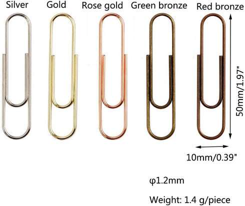 Rurili 50 Pieces Metal Paper Clips, 50 mm, Bronze for Office, School, and Personal Use