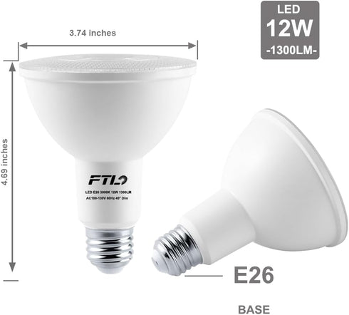 PAR30 LED Flood Light Bulbs Long Neck 5000K Daylight Dimmable 75W Halogen Equivalent 12W E26 1300LM 40 Degree Spotlight for Recessed Can Lighting Indoor/Outdoor 4-Pack by FTL