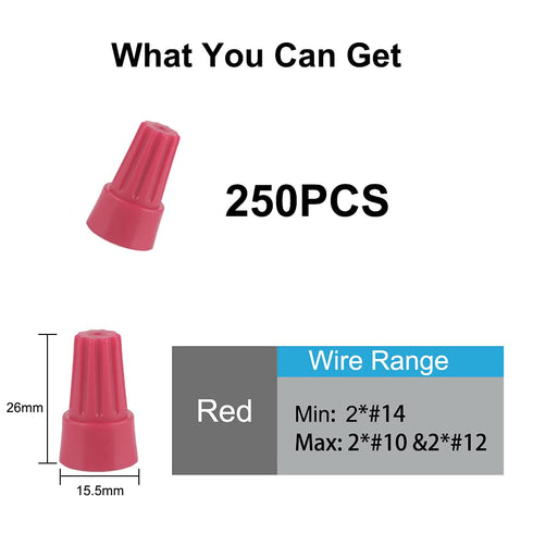 Wire Conectors Nuts,Wire Twist 250 PCS Red Electrical Screw Springs Caps Terminals Stainless Assortment Set Wire Connectors AWG 22-10