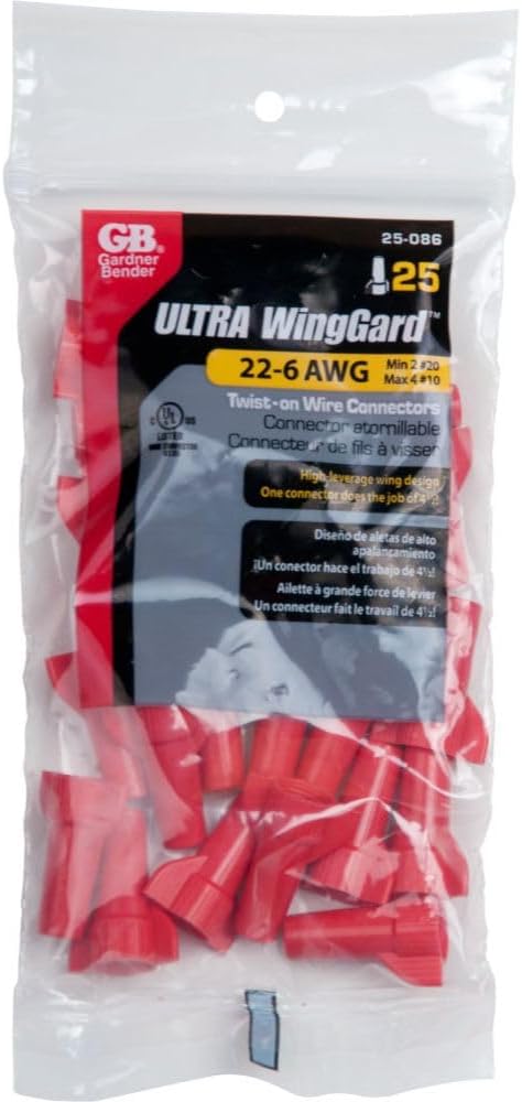 Gardner Bender 25-086 WingGard Twist Electrical Nut, 22-6 AWG, 25 Pack, Red Wire Connector