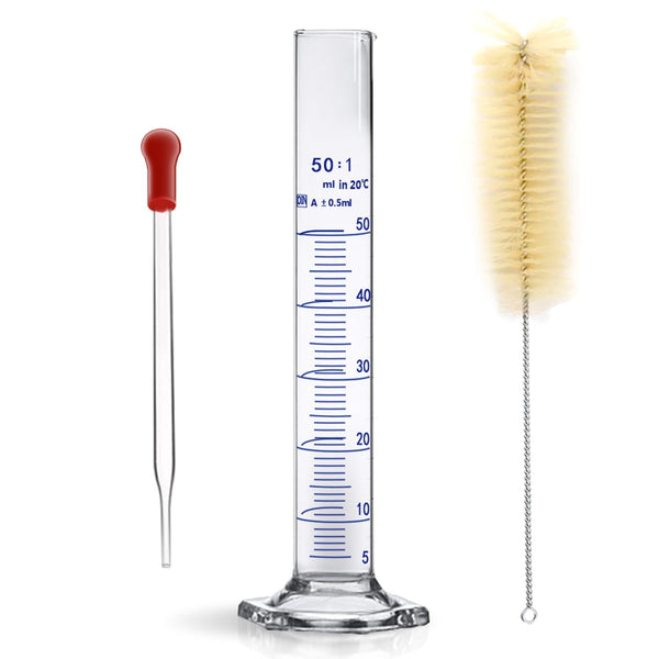 Thick Glass Graduated Cylinder 50ML with Hexagon Base and Cylinder Brush for Measuring Liquid Lab