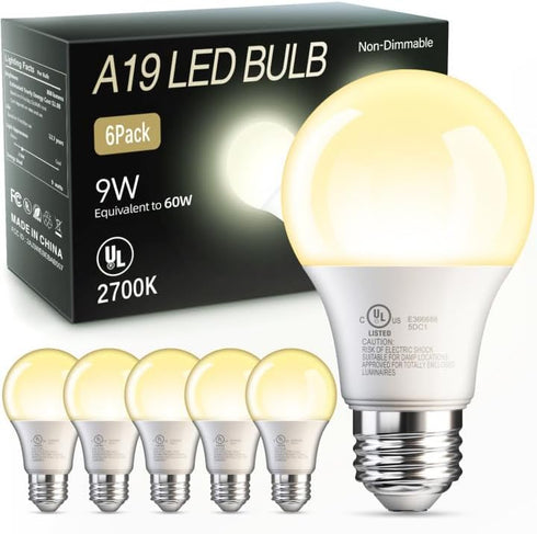TJOY 6 Pack A19 LED Light Bulbs, 60 Watt Equivalent, 9W Efficient, Soft Warm White 2700K, E26 Standard Base,